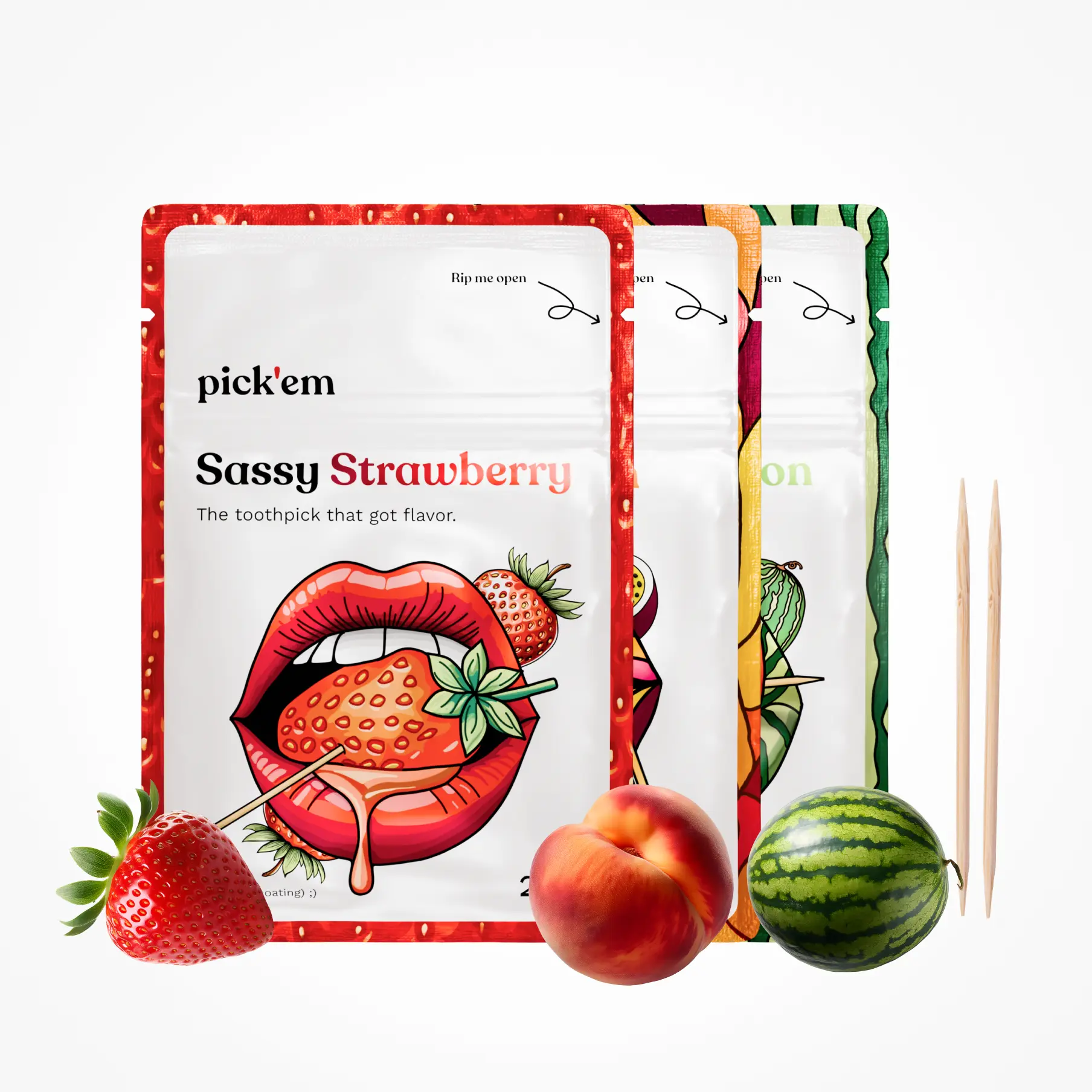 3-PACK TROPICAL PUNCH Toothpicks - Strawberry, Watermelon, Peach -  3 x 20 Pieces of Finest Quality Birch Wood - pick'em tropical punch pack