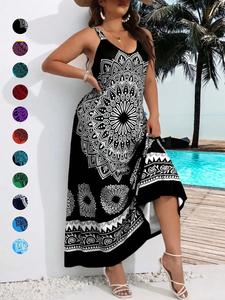 Summer Plus Size Ethnic Pattern Backless Scoop Neck Cami Dress, Summer Sleeveless A Line Long Dress for Vacation, Dresses for Women, Plus Clothing for Summer, Dresses Summer