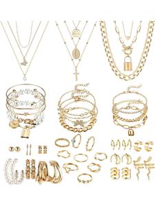 46Pcs Gold Plated Jewelry Set for Women with 3PCS Necklace 12Pcs Bracelets 9Pcs Knuckle Rings 10PCS Ear Cuffs Earring and 12pcs Gold Earrings Women Accessories Jewellery Fashion Jewelry Set