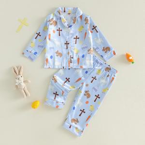Boy Easter Satin Pajamas Set Bunny Egg Print Long Sleeve Lapel Button Down Tops with Pants Sleepwear