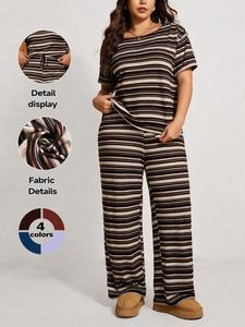 Women's Plus Size Striped Print Drop Shoulder T-Shirt & Long Pants Sleepwear Set, Comfortable Home Wear, Casual Fashion Night