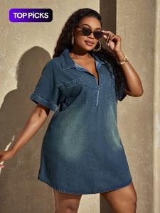 Lazy Style Oversized Half-Zip Denim Dress, Bohemian, Casual Fashion, Comfortable Fit, Perfect for Daily Wear, Women's Clothing