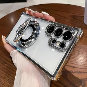 Magnetic Electroplating Transparent Hard Phone Case For Samsung Galaxy, Four Corner Anti-drop Phone Case with Camera Lens Protective Film
