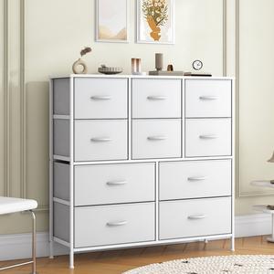 Glowlite 10 Drawer Fabric Dresser, Tall  White Chest of Drawers Storage Unit with Metal Frame & MDF Top, Adjustable Feet, Clothes Organiser Cabinet for Bedroom, Nursery, Living Room, Hallway, Closet, Office 100x30x96cm
