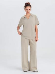Women's Casual Commuter Set, Spring Summer Stand Collar Top Pants 2 Piece Set, Slim Fit Loose Long Pants, Womenswear