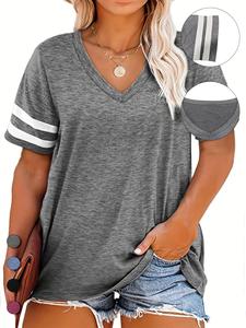 Plus Size Contrast Striped Print V Neck Tee, Casual Short Sleeve T-shirt for Summer, Women's Plus Clothing for Daily Wear, Cute Tops