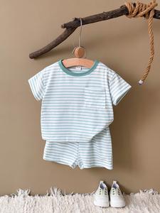 Summer Baby Blue Striped Vintage Casual Loose Short Sleeve + Matching Shorts, Infant Clothing Set, Comfortable and Stylish