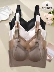 Women's Solid Color Seamless Wireless Bra, High Stretch Breathable Comfortable Adjustable Strap Triple-Breasted Bra, Softness Lingerie Top for Daily Wear