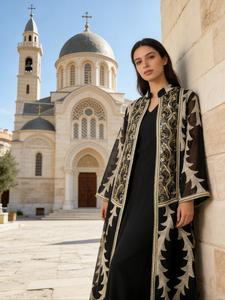 Women's Ethnic Embroidered Mesh Two-Piece Set, Elegant Loose Fit Abaya Long Robe for Spring & Fall, Modesty Muslim Clothing, Muslim Middle East Islamic Style