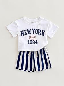 Baby's Letter Print Tee & Striped Print Shorts Two-piece Set, Casual Short Sleeve T-shirt & Shorts, Infant Newborn Kids Summer Clothes, Cute Clothes, Baby Clothing