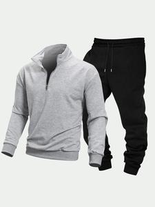 Men's Solid Half Zip Sweatshirt & Pants Two-piece Set, Casual Long Sleeve Pullover & Trousers for Spring & Fall, Men's Clothes for Daily Wear