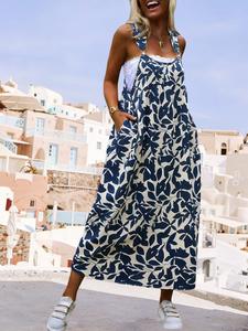 Plus Size Women's Maxi Suspender Dress, Casual Floral Long Dress for Spring & Summer Beach Vacation, Loose Fit with Pockets