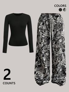 Women's Plain Top & Camo Print Wide Leg Pants Two-piece Set, Casual Fashion Cozy Round Neck Long Sleeve Top & Trousers for Daily Outdoor Wear, Ladies Clothes for All Seasons, Fall outfit