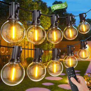 Remote controlled string lights, 45m 150ft garden lights, dimmable LED string lights, equipped with shatterproof plastic bulbs, IP45 waterproof, suitable for decorating parties, Christmas, courtyards, and balconies.