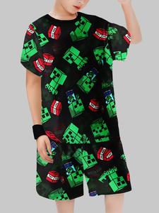 Boys Minecraft Creeper Print Short Sleeve Set, Cool Game Element Printed Shorts, Summer Casual Kids Clothing, Two-Piece, Outfit