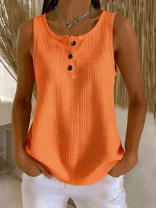 Plus Size Women's Waffle Texture Knit Stretch Tank Top, Summer Sleeveless Henry Neck Loose Fit Cami, Random Print Boho Style