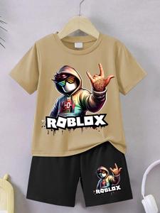 Boys Summer Trendy Rgblox Game Series Tee Set, Creative Roblox Print Short Sleeve Top & Casual Shorts, Comfortable Fit, Perfect Gift, Youth Kits