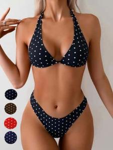 Women's Polka Dot Bikini Set, Swimsuit Style Bikini, Strapless Triangle Top and High Waist Tie Bottoms, Sexy Beachwear, All Seasons, Fitted Style