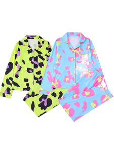 Women's Leopard Print Contrast Binding Lapel Neck Pajama Set, Long Sleeve Pocket Button Front Top & Elastic Waist Pants PJ Set, Women's Sleepwear for Spring & Fall