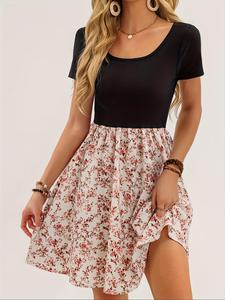 Women's Ditsy Floral Print Dress, Elegant Short Sleeve Dress for Spring & Fall, Women's Clothing for Daily Wear