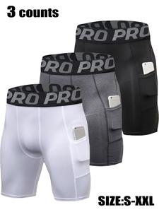 Men's 3pcs Letter Tape Pocket Shapewear Shorts, Breathable Compression Quick Drying Shapewear Bottoms, Men's Shapewear for Summer Daily Wear