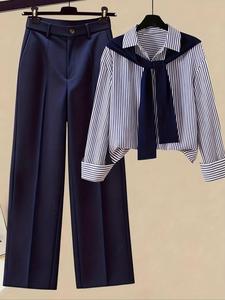 New Fall Winter Striped Scarf, Women's Casual Shirt, High Waist Wide Leg Pants, Women's Three-Piece Set, Autumn, Women's Clothing