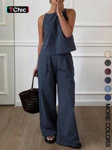 Women's Summer Striped Thin Strap Vest Top & Loose Long Pants Two-Piece Set, Casual Home Wear, Comfortable and Stylish