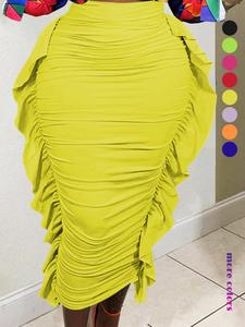 Women's Plain Ruched Ruffle Trim Bodycon Skirt, Casual Fashion High Waist Midi Skirt for Daily Outdoor Wear, Women's Bottoms for Spring & Fall, Womenswear, Clothes for Women, Casual Fashionable Skirt, Elegant Fashion Skirt, High Waisted Skirt