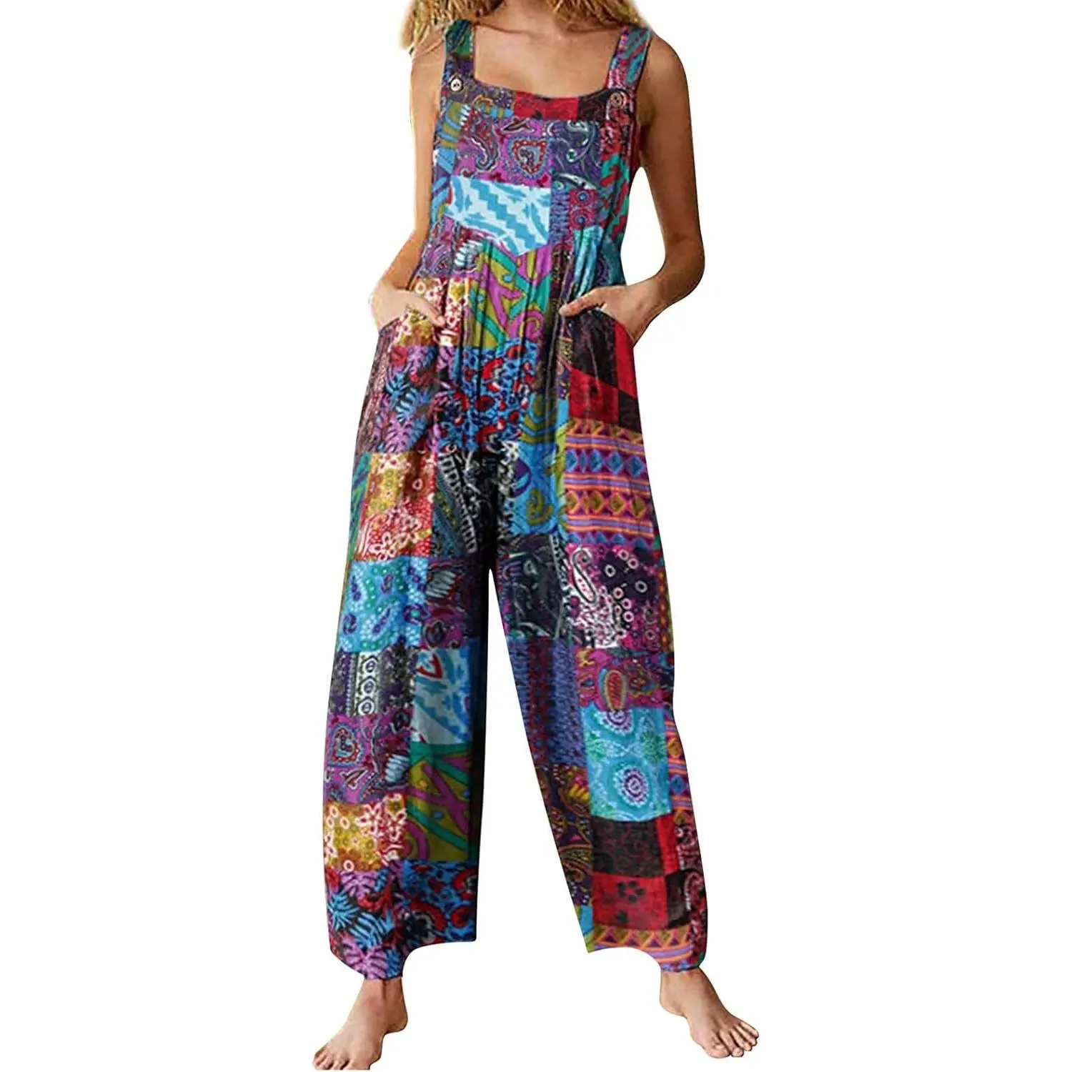 Women Summer Dungarees Multicolor Ethnic Style Square Neck Long Jumpsuit Playsuit Sleeveless Casual Baggy Overalls Rompers