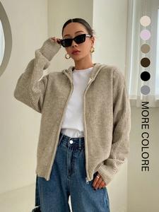 Women's Solid Zip Up Hooded Sweater Cardigan, Casual Drop Shoulder Long Sleeve Cardigan, Women Knitwear for Fall & Winter Daily Wear