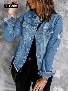 Women's Plain Button Front Raw Hem Denim Jacket, Casual Chic Long Sleeve Collared Pocket Outerwear for Daily Wear, Ladies Clothes for All Seasons, Coat