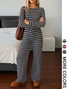 Women's Vintage Striped Knit Set, Long Sleeve Top & Wide Leg Pants Two-Piece, Casual Home Wear, 2 Piece Set