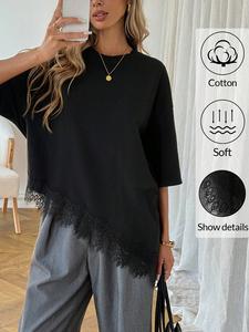 Women’s casual solid-color asymmetrical hem lace patchwork T-shirt, basic everyday wear for spring and summer. A versatile casual top perfect for women’s vacations, holidays, beach outings, spring breaks, and everyday going out—an essential basic top for