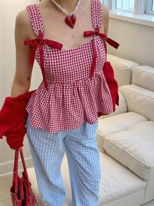 Women's Gingham Print Tie Shoulder Tank Top, Casual Fitted Sleeveless Top for Summer, Ladies Clothes for Daily Wear, Sleeveless Babydoll Top, Womenswear