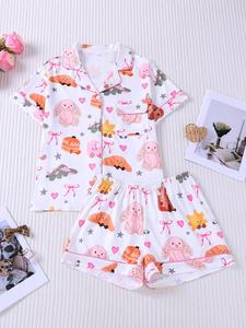 Women's 2-Piece Cartoon Bunny Bread Print Lapel Pajama Set, Cute Animal Heart Pattern Short Sleeve Button Down Top with Pocket & Elastic Waist Shorts, Soft Comfy All-Season Loungewear, Casual Sleepwear for Ladies Home Daily Wear