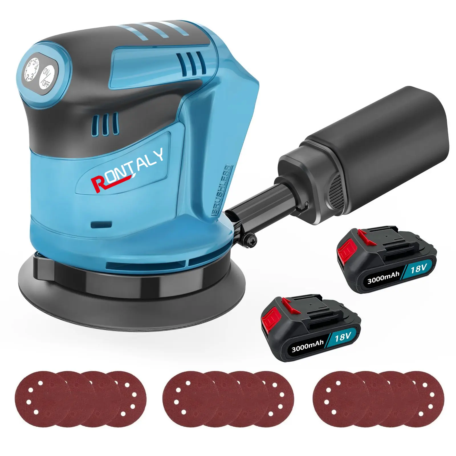 (Free choice)Brushless Cordless Orbital Sander, Compatible with Makita 18V Battery, w/ 2 x 3.0AH Battery, 3 Variable Speeds(7500-15000 U/min), 12x 125mm Sanding Pad, for Sanding Polishing Wood