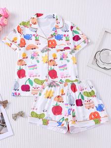 Women's 2-Piece Casual Pajama Set, Pyjamas - Cute Cartoon Food Print Short Sleeve & Shorts, Skin-Friendly & Breathable Sleepwear Pajamas Set, Turn-Down Collar Button-Down Design with Pocket, Loose & Comfortable Wearable Outside, Summer, Homewear
