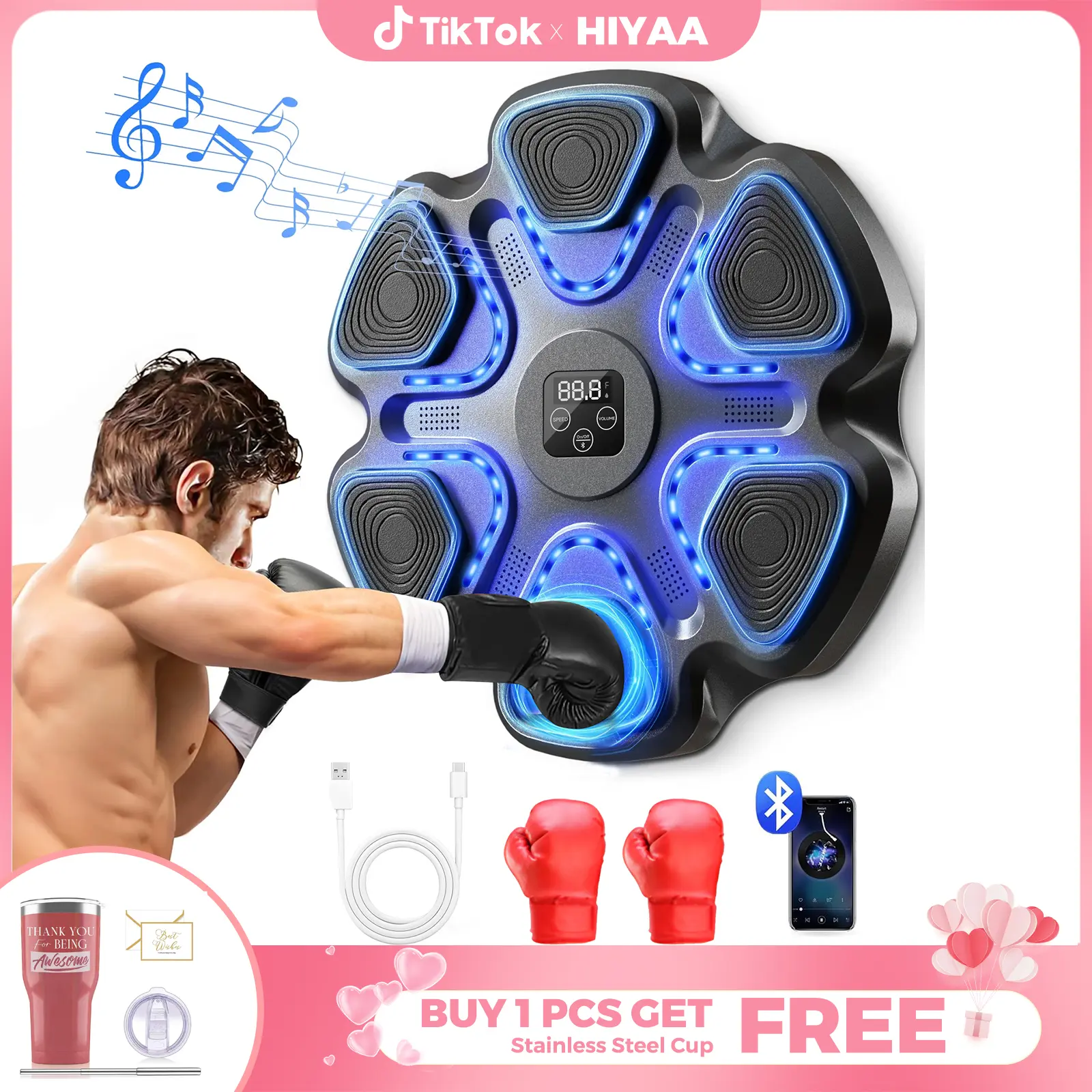 【UK Seller】Music Boxing Machine, 9-Level Speed & Mode Adjustment,with competition level Full-Coverage Boxing Gloves - Smart Bluetooth Connected, LED Light Effects - Ideal Wall Boxing Machine for Kids & Adults to Exercise and Training