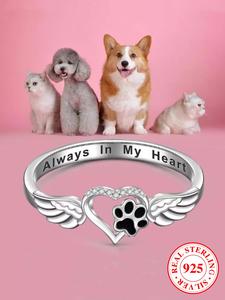 S925 Sterling Silver Cute Dog Paw & Wing Design Statement Rings, Elegant Promise Ring for Women & Girls, Fashion All-match Jewelry for Daily Decor As Gift