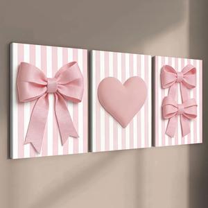 3-Piece Wooden Frame Canvas Art Set, Striped Bow Heart Design, Modern Home Decor, Waterproof Wall Art for Living Room & Bedroom, Modern Home Decoration, Unique Artwork