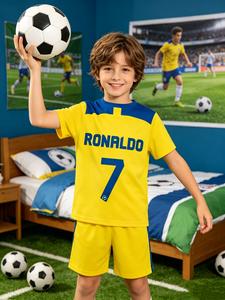 Ronaldo Star Print Short Sleeve Summer Sports Set, Summer Active Boys' Football, Casual Loose-Fitting T-Shirt and Shorts