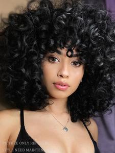 Women's 14 Inch Long Coily Wigs with Bangs, Retro Fashion Gorgeous Fluffy Wigs for Party, Cosplay and Daily Wear, Holiday Dress-up Hair Accessories Or Gifts, Gift for Sister