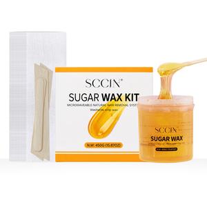 SCCIN Sugar Wax Hair Removal Kit 450g with 20 Reusable Cotton Strips and 4 Wooden Spatulas, Microwaveable Wax Washable Wax Waxing Waxer