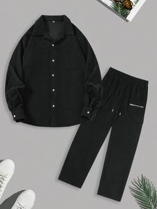 Men's Solid Corduroy Shirt & Pants Set, Loose Casual Long Sleeve Button Up Top & Trousers 2 Piece Set for Spring & Fall, Men's Clothes for Daily Wear