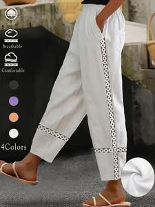 Women's Floral Lace Embroidery Straight Leg Pants, Boho Casual Comfy Trousers for Daily Wear Holiday Vacation, Ladies Bottoms for Spring & Fall, Going Out Bottoms