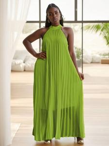 Women Plus Size Sleeveless Halter Neck Pleated Maxi Dress, Womenswear Casual Chic Loose Long Summer Sundress for Party Vacation, Casual Elegant Dress, Multi Color Options