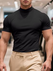 Men's Solid Color Turtleneck Sports Tee, Regular Fit Sporty Short Sleeve T-Shirt for Gym Workout Running, Men's Sport & Outdoor Clothing for All Seasons