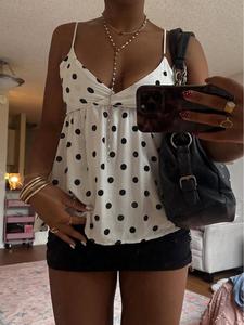 Trending Y2K Polka Dot Spaghetti Strap Cami Top – Deep V Neck, Smocked Back Babydoll Fit, Lightweight Summer Casual Going Out Essential.