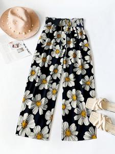 【Plus Size】 Floral Print Tie Waist Pants, Casual Comfy Trousers for Daily Wear, Women's Bottoms for All Seasons, Loose Legged Pants, Wideleg Pants