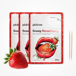 3-PACK SASSY STRAWBERRY Toothpicks - 3 x 20 Flavored Toothpicks for only £10.99 - pick'em -  Finest Quality Birch Wood